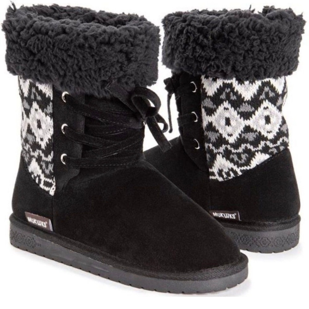 Muk Luks Melba Cozy Ebony and Charcoal Fur Knit Boots sz9 NIB